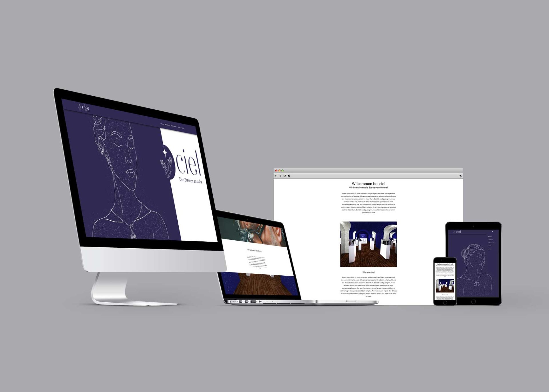 Mockup der ciel Website in eimem Browserfenster, auf einem iPad, iPhone, iMac und Macbook.