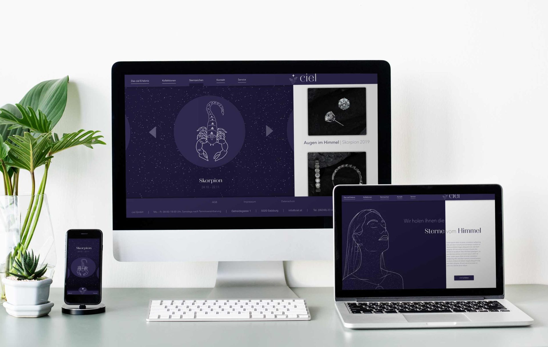 ciel-Screendesign auf einem iMac, Macbook udn einem Smartphone