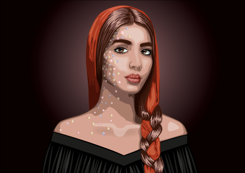 Illustration einer indisch anmutenden Frau mit einem orangen Kopftuch dass in Ihre Haare geflochten ist