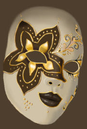 weiß und goldene venezianische Maske auf braunem Hintergrund.